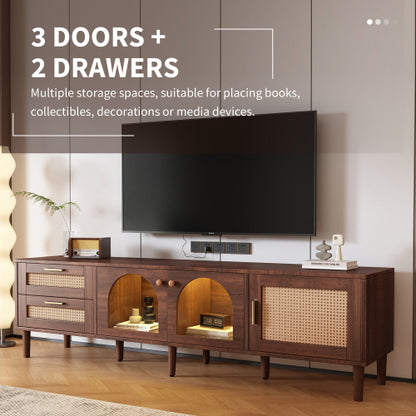 Rattan TV Stand with Drawers Glass Doors and LED Lights for 80 Inch TVs