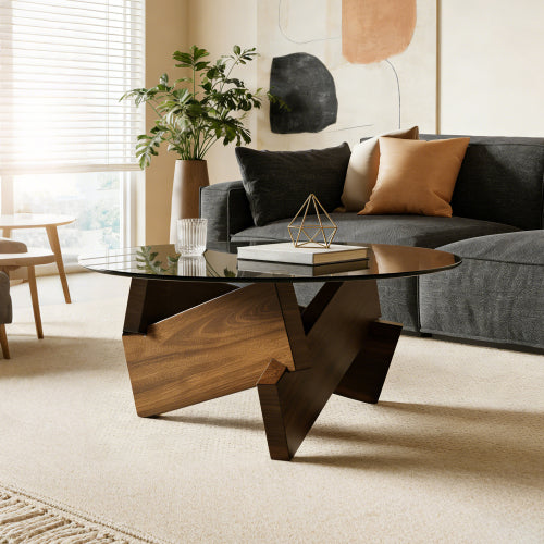 27.5inch  Round Mid Century Coffee Table, Walnut