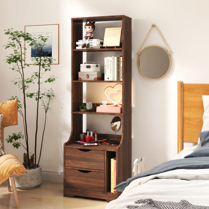 Tall Nightstand with Bookshelf & 2 Drawers Space Saving Bedroom Storage