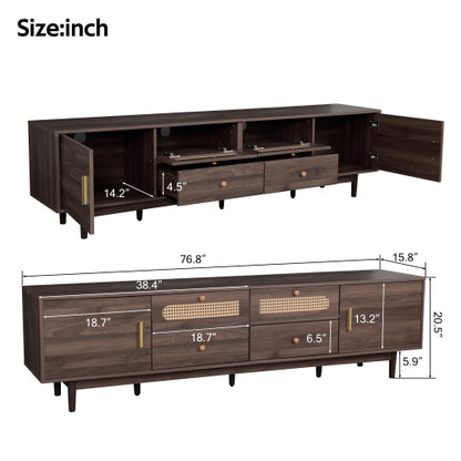 76.8 inch Dark Brown PE Rattan TV Stand Soft Close Cabinets For 85 Inch Large Screen TV