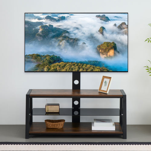 Rustic Brown Swivel TV Stand, Black Tempered Glass Height Adjustable Cart with Power Outlets for 32-65 Inch TV