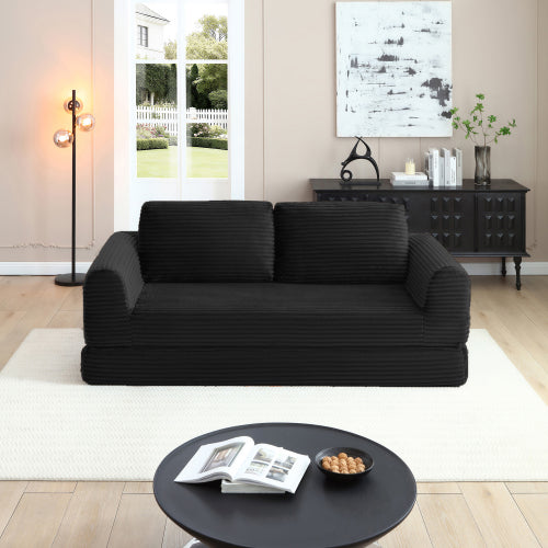 2-in-1 Folding Convertible Sofa Bed, Modern Corduroy Sleeper Couch with 2*pillows, Futon Modular Upholstered Boneless Sofa with Pull-Out Bed,Folding Floor Modular Couch for Living Room Black