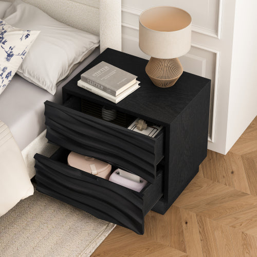 Black Solid Wood 2-Drawer Nightstand, Handle-Free Curved Front Bedside Table