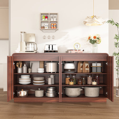 Walnut Handleless Fluted 4-Door TV Stand Built-In Power Outlet Adjustable 3-Tier Storage Cabinet Up To 85 Inch TV