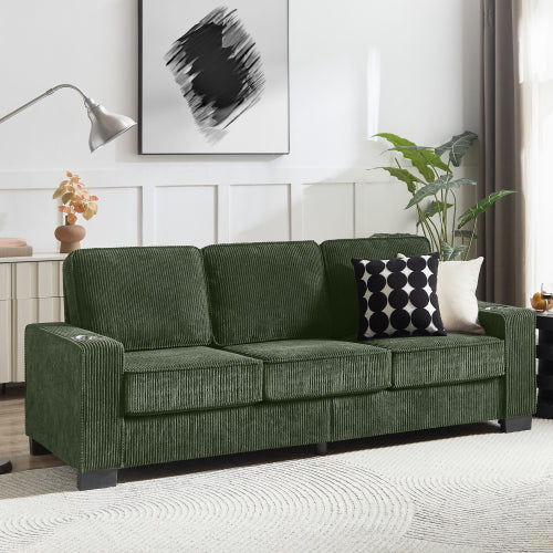 Green 83.86-Inch Modern Compressed 3-Seater Corduroy Sofa with Cup-Holders Removable-Washable Cushions
