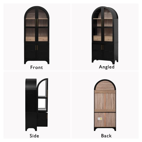 71inch  Arched Farmhouse Pantry Cabinet with Glass Doors Black
