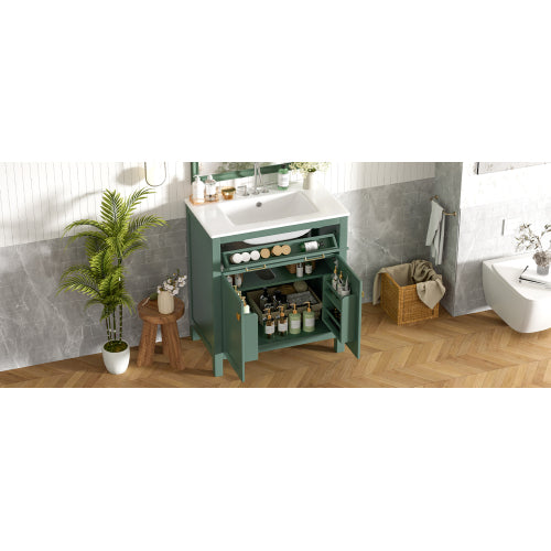 30-inch Bathroom Vanity with Ceramic Sink, Modern Green Single Bathroom Cabinet with 2 Doors and a Shelf, Soft Close Doors