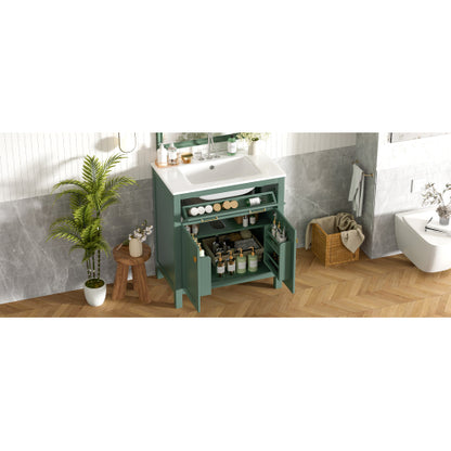 30-inch Bathroom Vanity with Ceramic Sink, Modern Green Single Bathroom Cabinet with 2 Doors and a Shelf, Soft Close Doors
