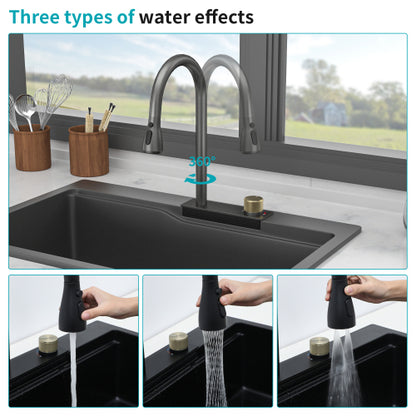 Drop In Waterfall Kitchen Sink - 33" x 22" x 10" Black Composite Granite Quartz Single Bowl Workstation kitchen sink with Pull-Out Faucet