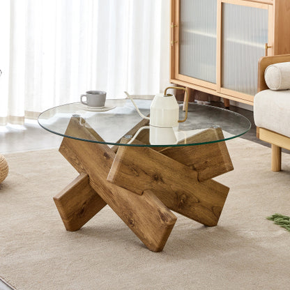 Modern Round Glass Coffee Table 33 Inch Tempered Top Wood Leg Living Room Table