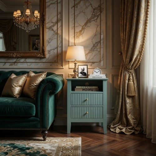 Green Fluted Nightstand with Soft-Close Drawers