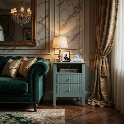 Green Fluted Nightstand with Soft-Close Drawers