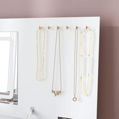 White Flip Top Vanity Desk with LED Lighted Mirror & Built-in Outlet, 2 Drawers, Open Storage, Jewelry Hooks