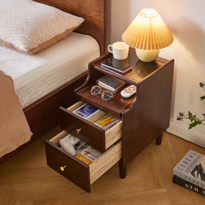 Solid Wood Nightstand with Drawer, Open Shelf and Pull-Out Storage Panel