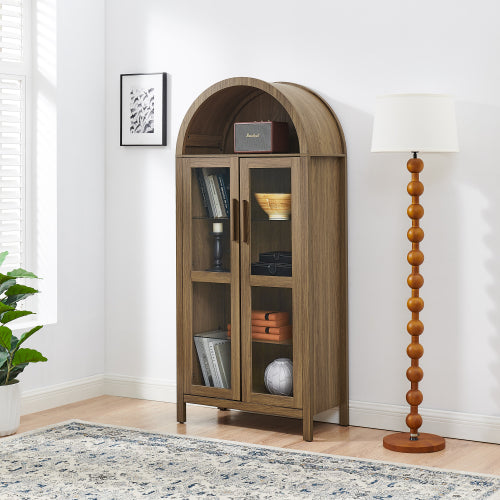 Brown High Arched LED Light Wooden Storage Cabinet Adjustable Glass Partition Modern Retro Home Multi-Functional Display Cabinet