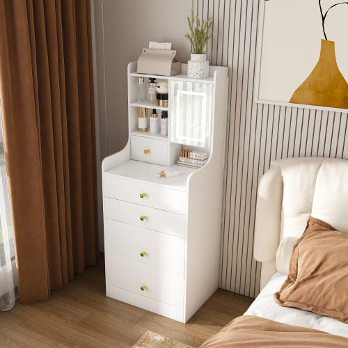 White 3-in-1 Dressing Table with LED Mirror & Storage Stool, 4 Drawers, Storage Cabinet, Open Bookshelf