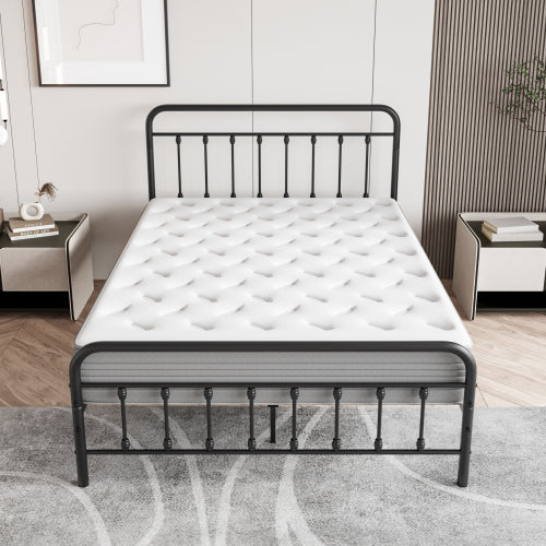 Metal Platform Bed Frame, Victorian Style Headboard/Footboard/Under Bed Storage/No Box Spring Needed/Full Size Black