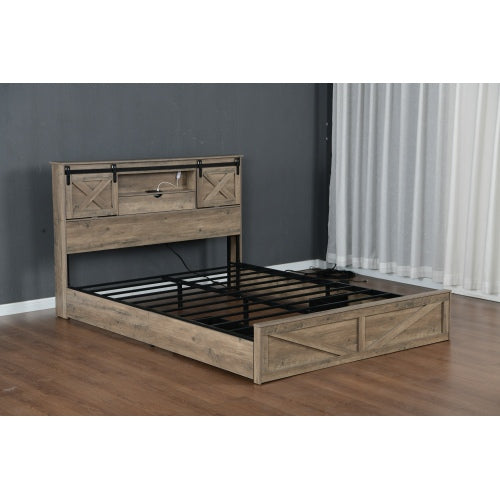 Farmhouse Bed Frame Queen Size with LED Lights and Charging Station, Wooden Queen Bed with 2 Storage Drawers, Rustic Headboard with Sliding Barn Door Storage Cabinets