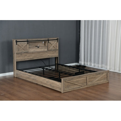 Farmhouse Bed Frame Queen Size with LED Lights and Charging Station, Wooden Queen Bed with 2 Storage Drawers, Rustic Headboard with Sliding Barn Door Storage Cabinets