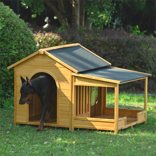 60.2inch Large Wooden Dog House with Porch Cabin Style Dog Crate with Asphalt Roof Nature