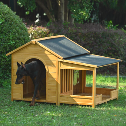 60.2inch Large Wooden Dog House with Porch Cabin Style Dog Crate with Asphalt Roof Nature