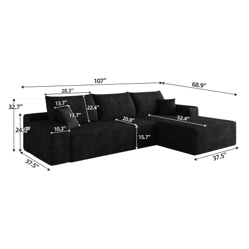 107 inch  Black Plush Corduroy L-Shape Chaise Cloud Modular Sofa, No Assembly