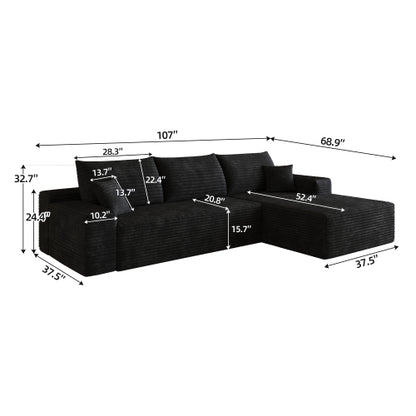 107 inch  Black Plush Corduroy L-Shape Chaise Cloud Modular Sofa, No Assembly