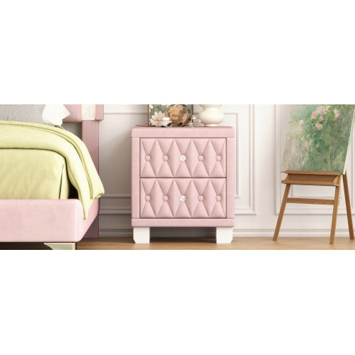 Elegant Velvet Nightstand with 2 Drawers and Crystal Handle, Storage Bedside Table with Button-Tufted, Pink
