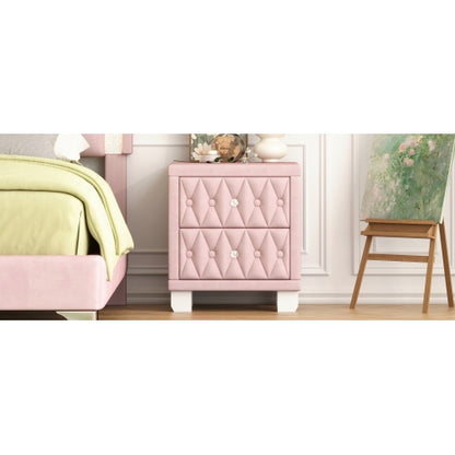 Elegant Velvet Nightstand with 2 Drawers and Crystal Handle, Storage Bedside Table with Button-Tufted, Pink