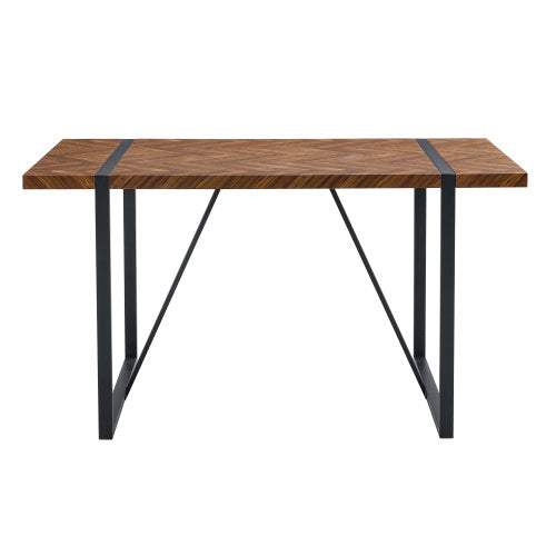 Retro Dining Table with Fishbone Textured Top & Black Metal Legs