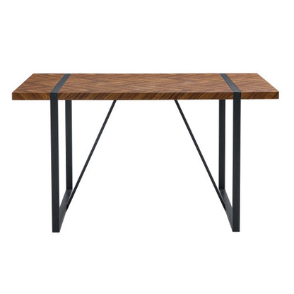 Retro Dining Table with Fishbone Textured Top & Black Metal Legs