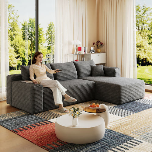 95-Inch Dark-Grey Plush Corduroy U-Shaped Cloud Modular Sectional Deep-Seat Corner Sofa No-Assembly for Living-Room