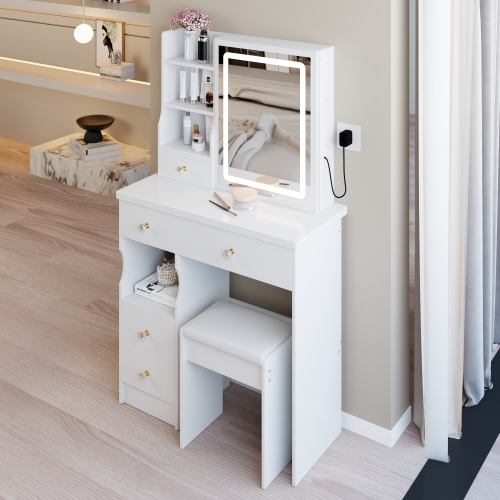 29.2 inch  Small Vanity Table Set w/ LED Mirror, Left Drawer, 3-Color Dimmable Light & Cushioned Stool