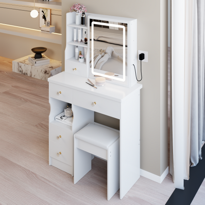 29.2 inch  Small Vanity Table Set w/ LED Mirror, Left Drawer, 3-Color Dimmable Light & Cushioned Stool