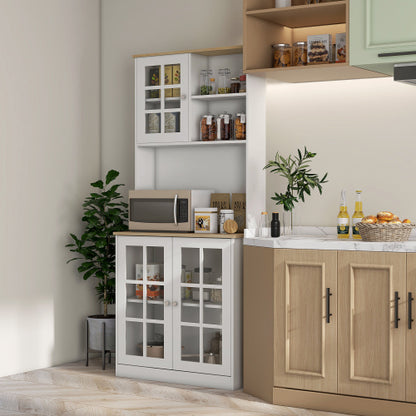 Kitchen Pantry Cabinet, 72 inch Freestanding Storage Cabinet with Hutch, Large Countertop, Glass Doors and Adjustable Shelves, Microwave Cabinet, Coffee Bar Cabinet for Dining Room, White