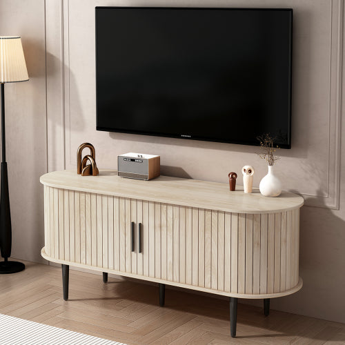 47 Inch Modern TV Stand with Sliding Door Storage Cabinet Natural Wood