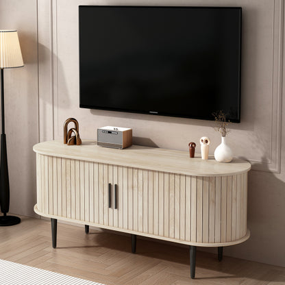 47 Inch Modern TV Stand with Sliding Door Storage Cabinet Natural Wood
