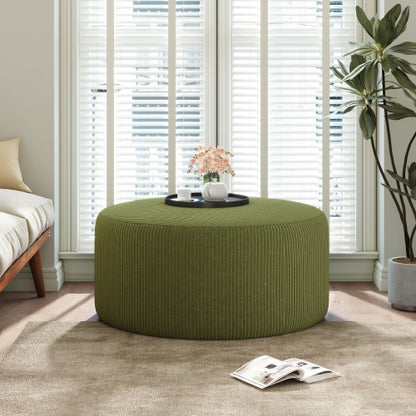 30.5 Inch Olive Green Corduroy Round Ottoman, Upholstered Modular Footrest with Spring & Foam Cushion Support