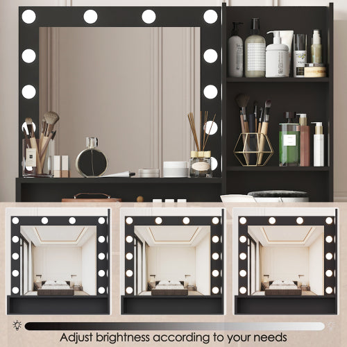 Black Vanity Desk with Mirror & Light, 12 LED Bulbs, Large Drawer, 3 Shelves & 3-Level Cabinets, 3 Lighting Modes