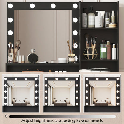 Black Vanity Desk with Mirror & Light, 12 LED Bulbs, Large Drawer, 3 Shelves & 3-Level Cabinets, 3 Lighting Modes