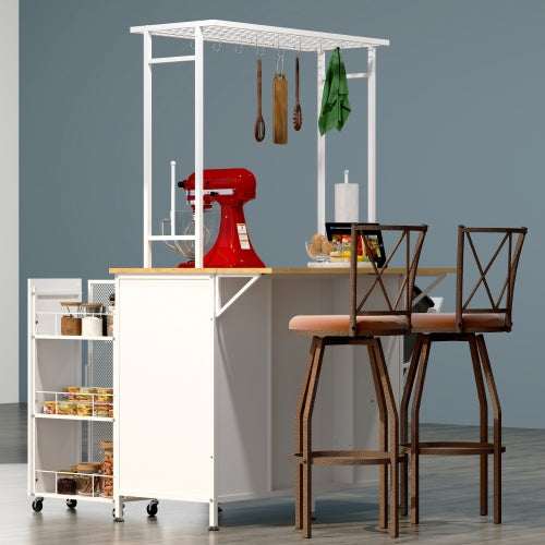 Kitchen Island with Storage Space Breakfast Bar with Folding Flip Up Panel Large Cabinet Shelves White