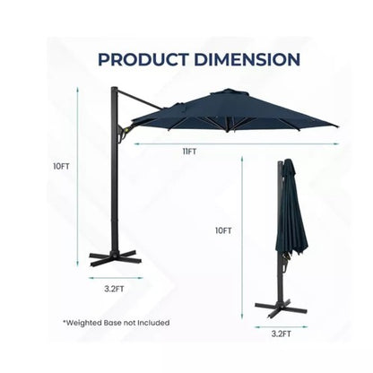 11 Ft Blue Round Large Cantilever Patio Umbrella with 360° Rotation & Tit Adjustment and Heavy Duty Offset Polyester Canopy Deck Umbrella.