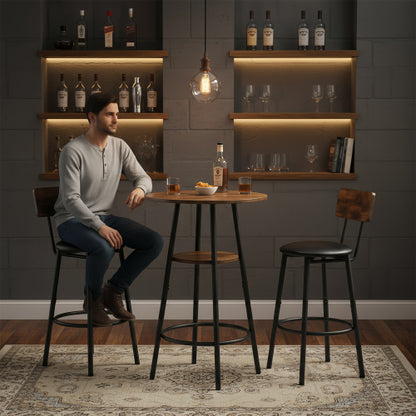 3 Pieces Round Bar Table and Chairs Set, Small Dining Table for 2 with 2-Tier Storage & 2 PU Upholstered Bar Stools for Kitchen, Dining Room, Living Room, Bar, Cafe, Small Space Corner, Rustic Brown