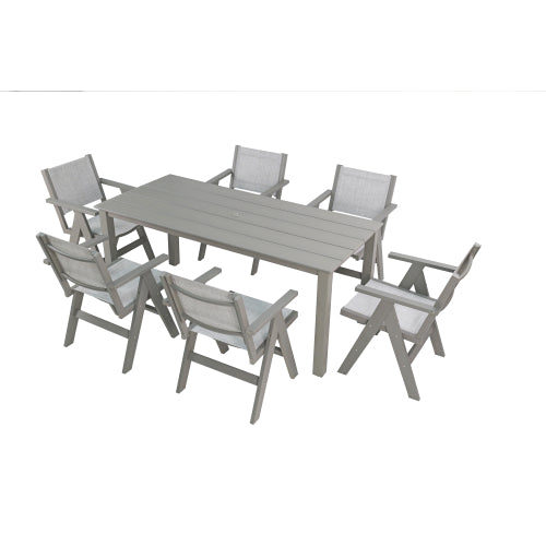 A wooden-textured imitation wood dining table, simple yet with a high quality feel. It has a small tabletop and is perfect for outdoor picnics. Light gray color, 68.9 inches long.