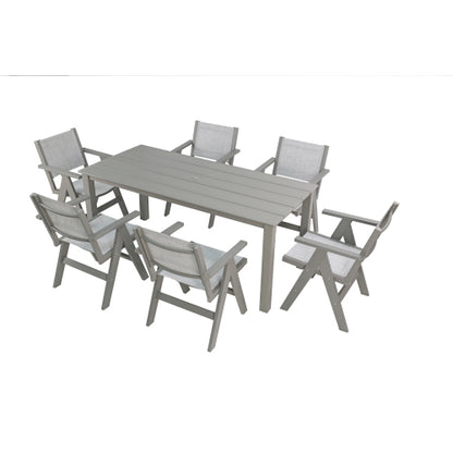 A wooden-textured imitation wood dining table, simple yet with a high quality feel. It has a small tabletop and is perfect for outdoor picnics. Light gray color, 68.9 inches long.