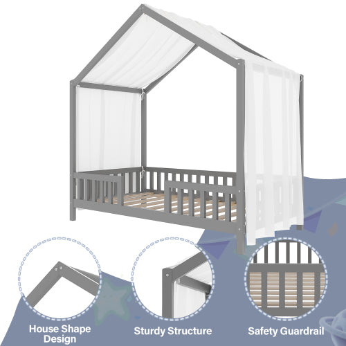 Montessori Floor Bed with Canopy, Twin Bed Frame for Kids, House Shape Toddler Bed Frame with High Railings, Wood Kids Bed with Roof, Kid Twin Bed, Grey