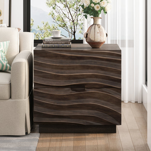 Brown Solid Wood 2-Drawer Nightstand, Curved Handle-Free Bedside End Table