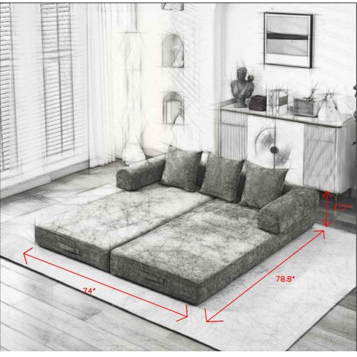 Black Chenille Convertible Folding Floor Sofa Bed with Armrest