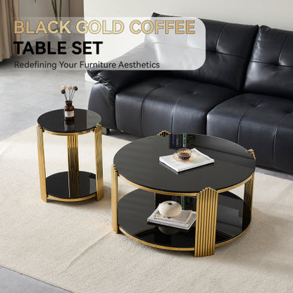 16.9inch  Double-Layer Black Tempered Glass & Gold Steel End Table