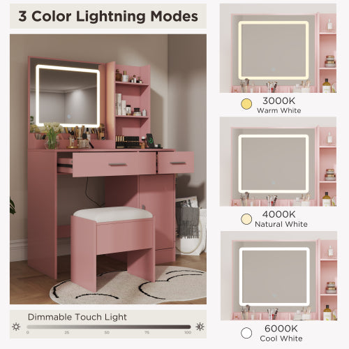 Lavin Pink Makeup Vanity Set with LED Mirror, Charging Station, Stool, 2 Drawers, Open Shelves & Storage Cabinet